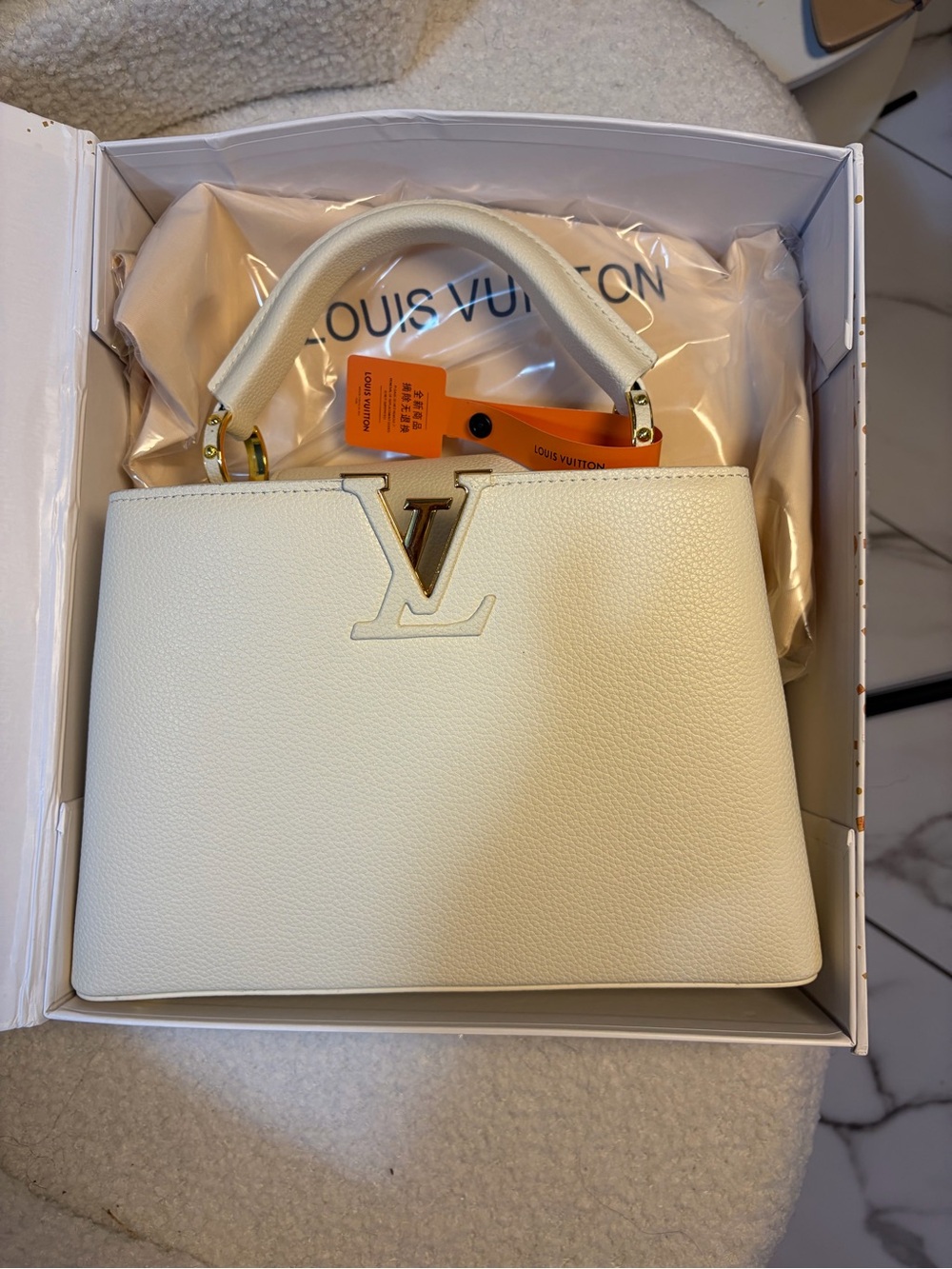Louis Vuitton Cream/Gold Capucines-Style Top Handle Satchel